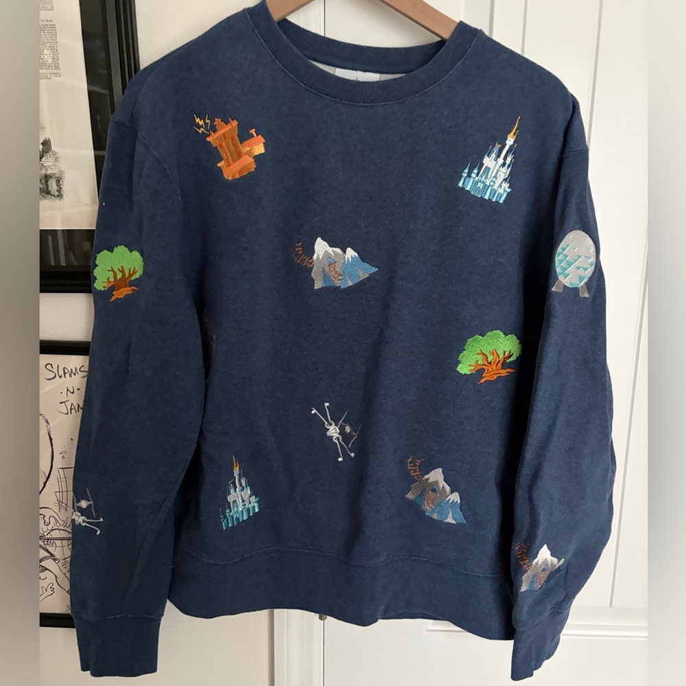 Disney Men's Blue Crewneck Sweater with Embroidered Design